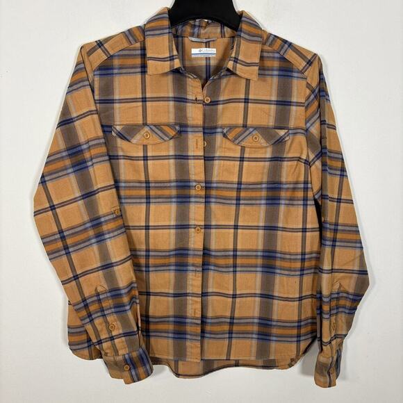 Columbia Shirt Women XL Brown Plaid Roll Tab Long Sleeve Button Up Blouse Fall - Picture 1 of 12